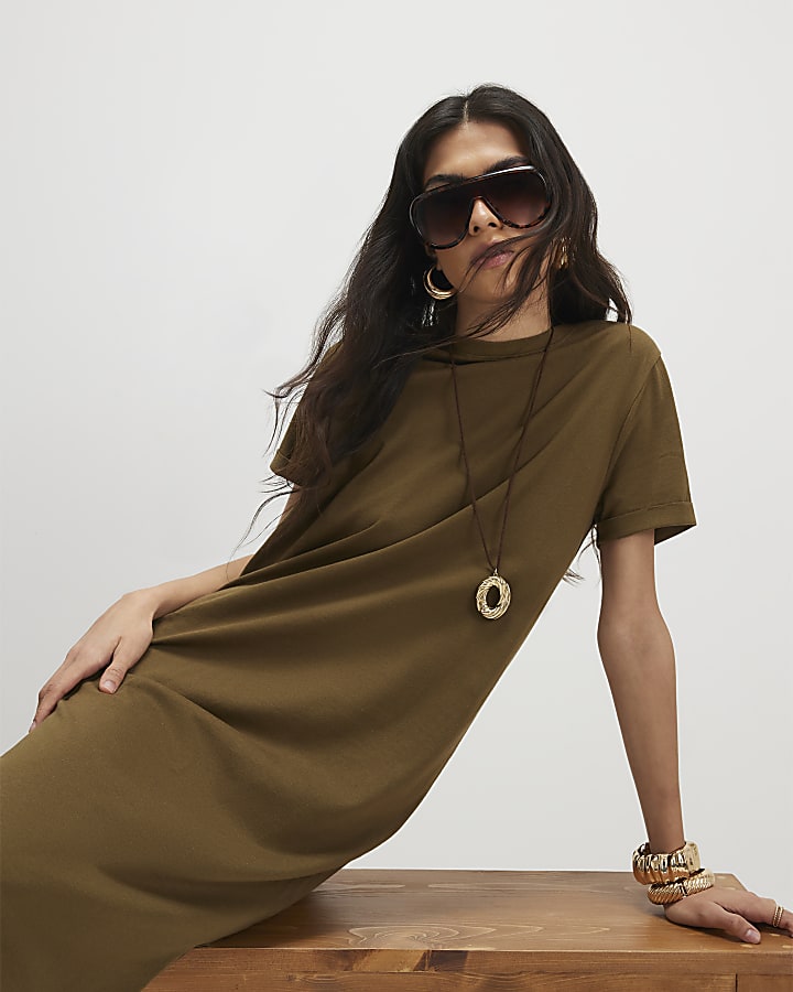 Khaki Cotton T-Shirt Midi Dress