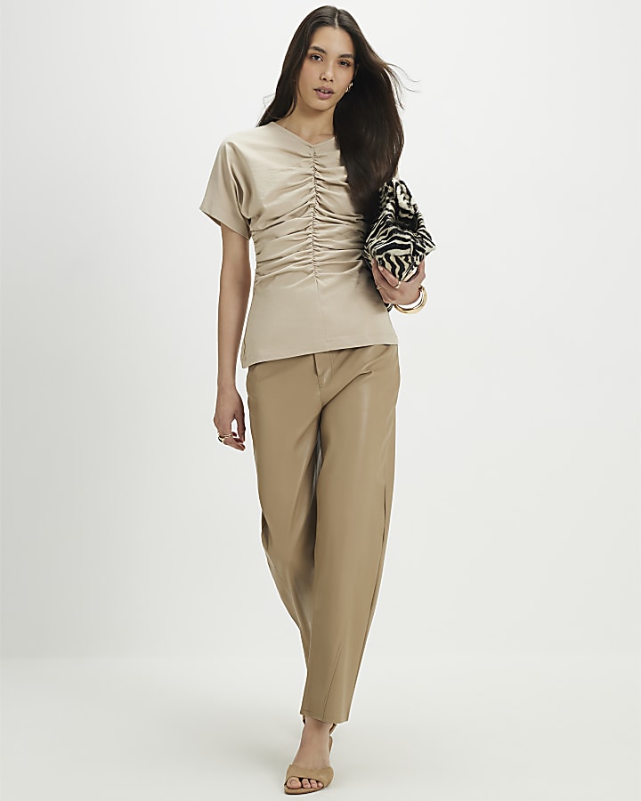Beige Short Sleeve Ruched Front Top