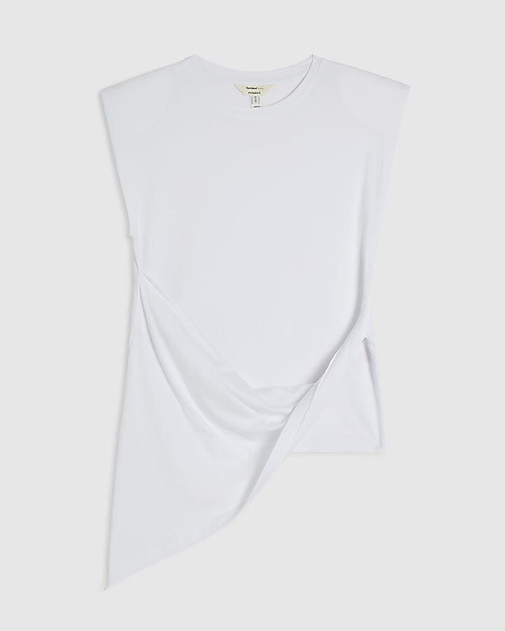 White Sleeveless Twist Front Shoulder Pad Top