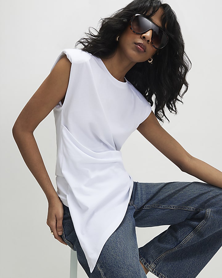 White Sleeveless Twist Front Shoulder Pad Top