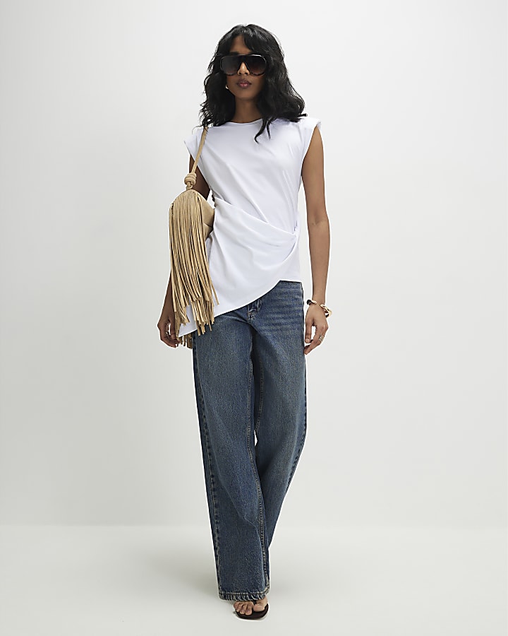 White Sleeveless Twist Front Shoulder Pad Top