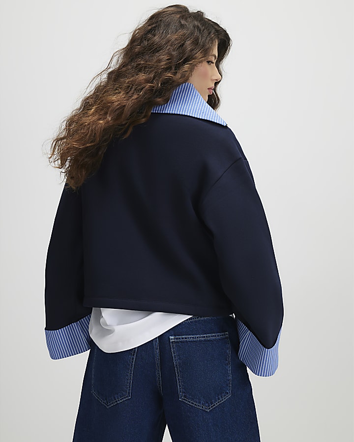 Navy Long Sleeve Stripe Half Zip Sweatshirt