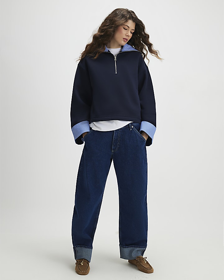 Navy Long Sleeve Stripe Half Zip Sweatshirt