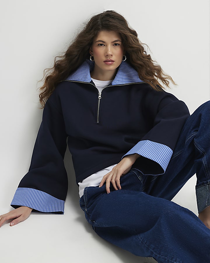 Navy Long Sleeve Stripe Half Zip Sweatshirt