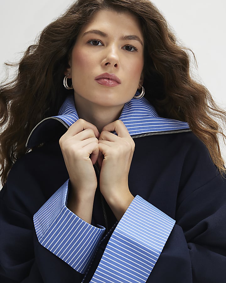 Navy Long Sleeve Stripe Half Zip Sweatshirt