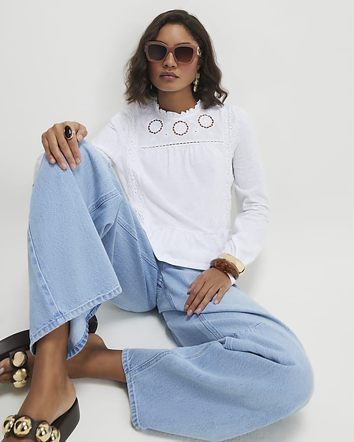 White Long Sleeve Floral Broderie Top