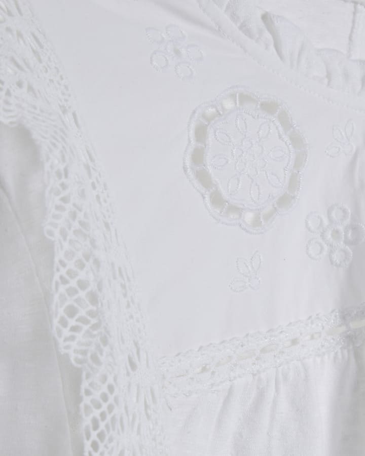 White Long Sleeve Floral Broderie Top