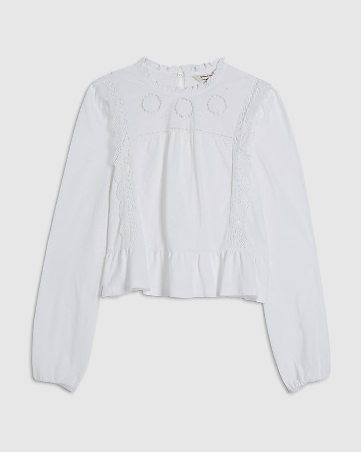White Long Sleeve Floral Broderie Top