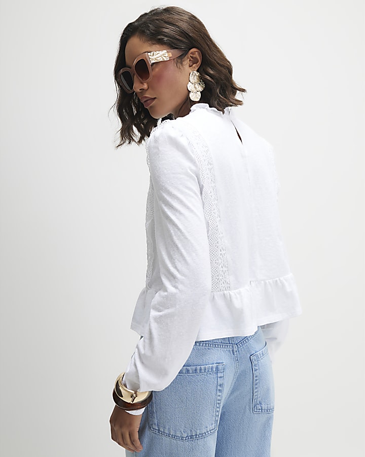 White Long Sleeve Floral Broderie Top