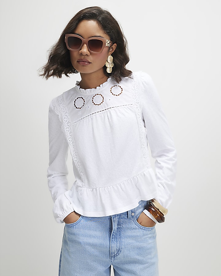 White Long Sleeve Floral Broderie Top