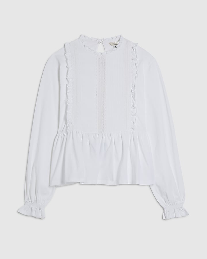 White Long Sleeve Frill Trim Smock Top