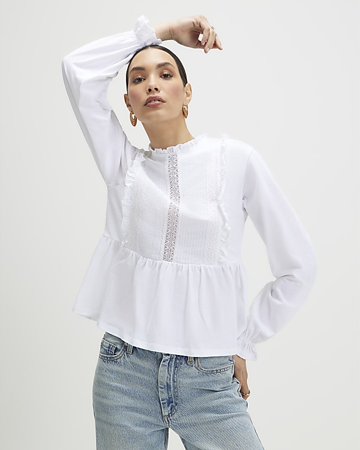 White Long Sleeve Frill Trim Smock Top
