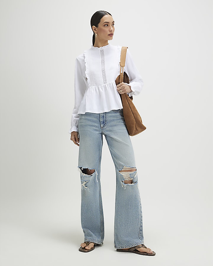 White Long Sleeve Frill Trim Smock Top