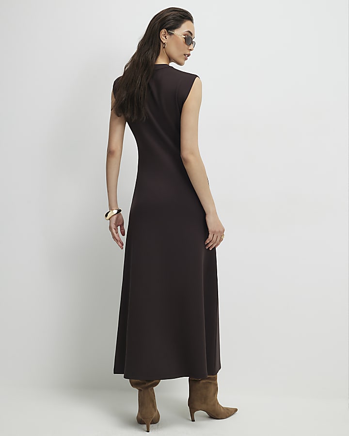 Brown Premium Twist Front Midi Dress