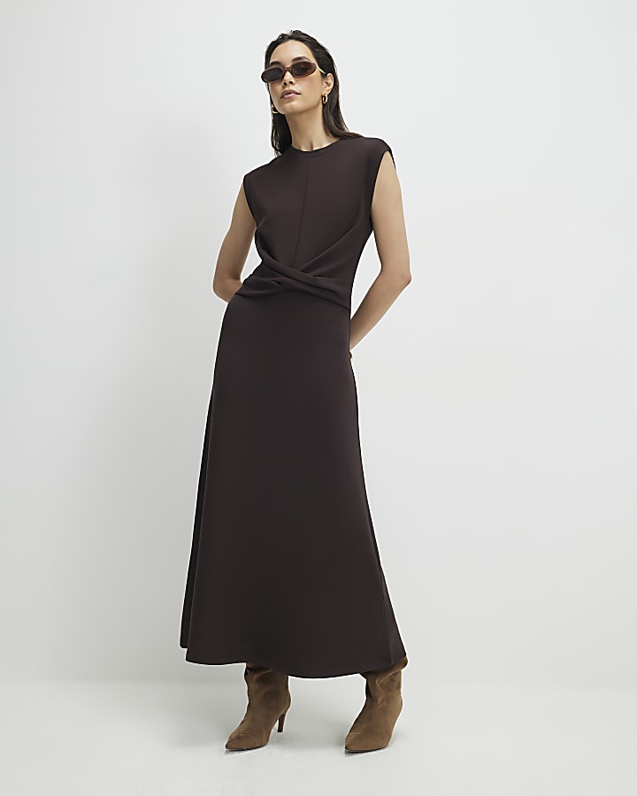Brown Premium Twist Front Midi Dress