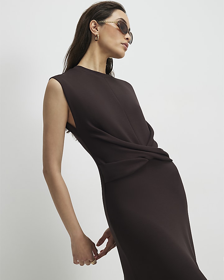 Brown Premium Twist Front Midi Dress