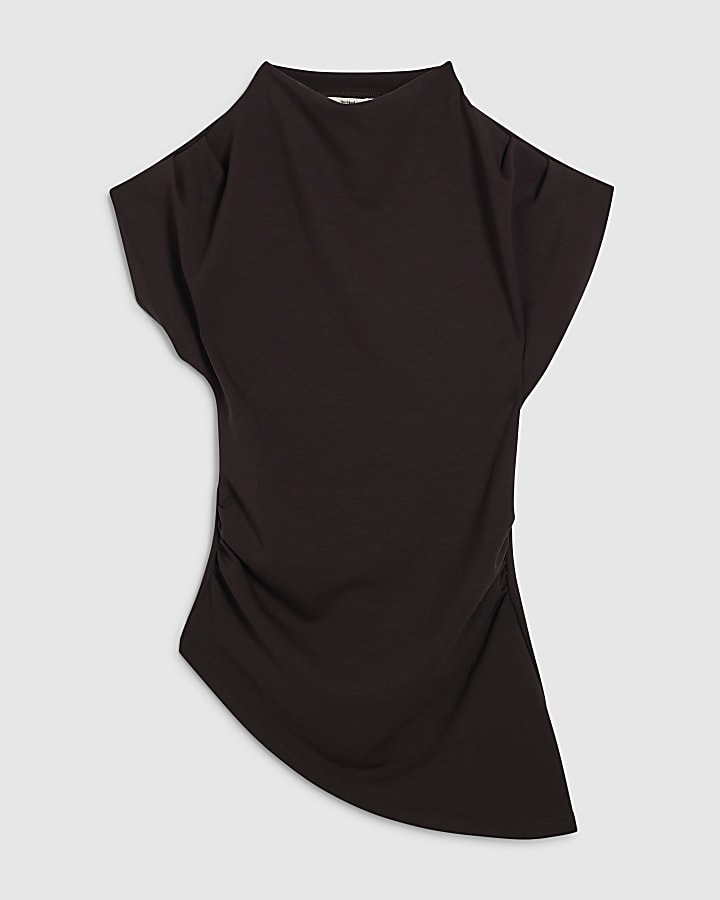 Brown Premium Short Sleeve Gathered Side Top