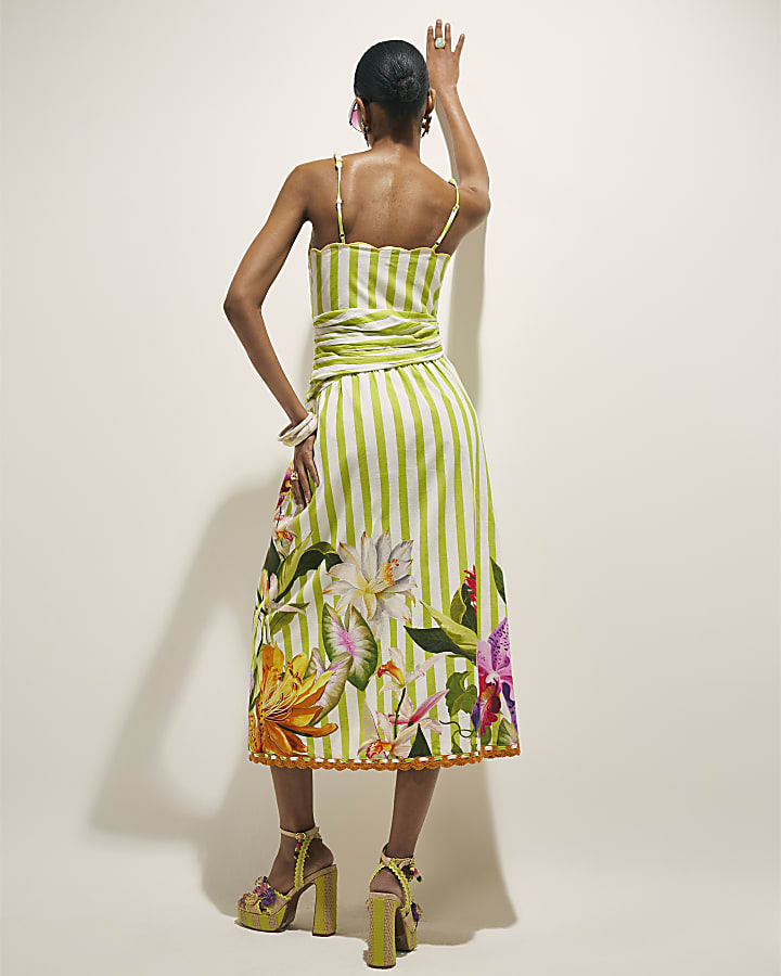 Green Striped Wrap Waist Beaded Midi Dress