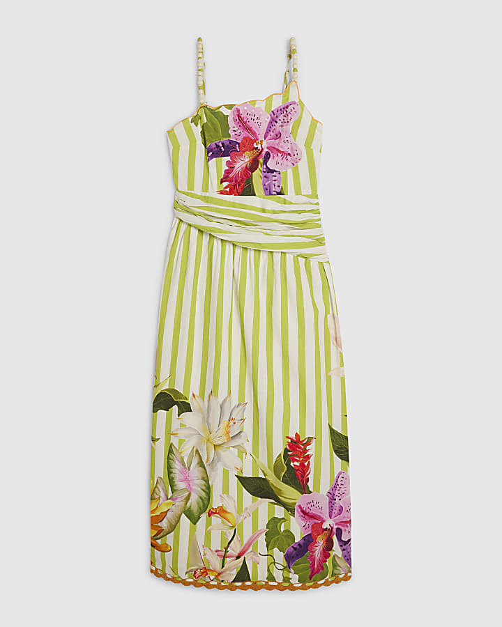 Green Striped Wrap Waist Beaded Midi Dress