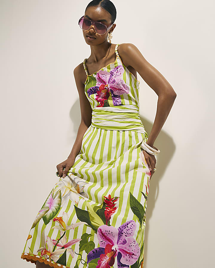 Green Striped Wrap Waist Beaded Midi Dress