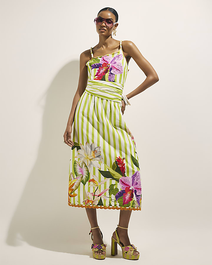 Green Striped Wrap Waist Beaded Midi Dress