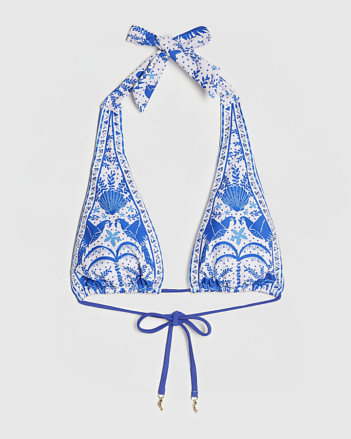 Blue Border Print Bikini Top