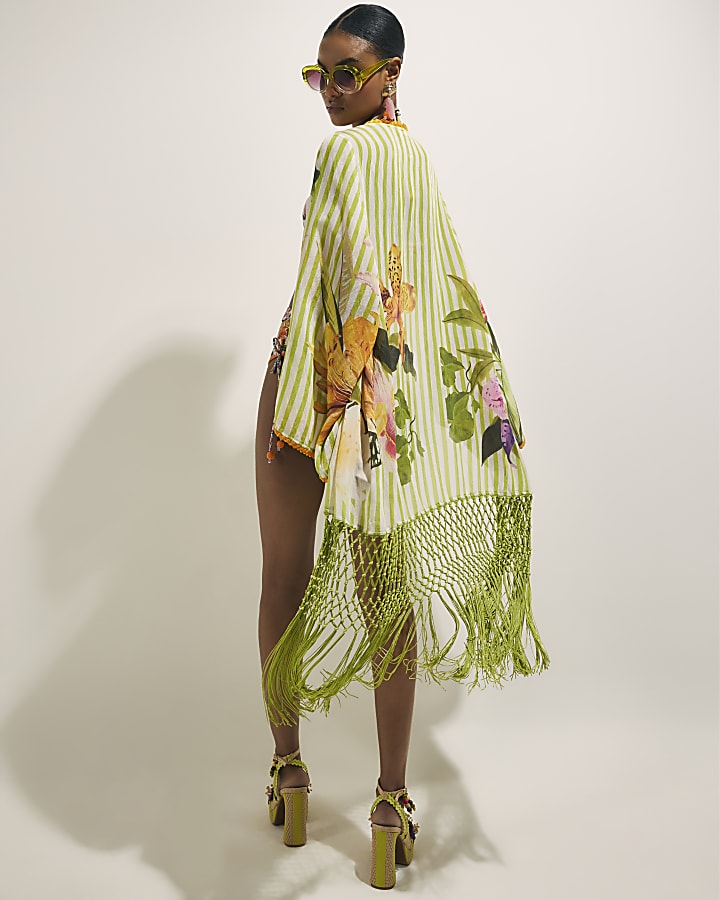 Green Floral Stripe Fringed Kimono