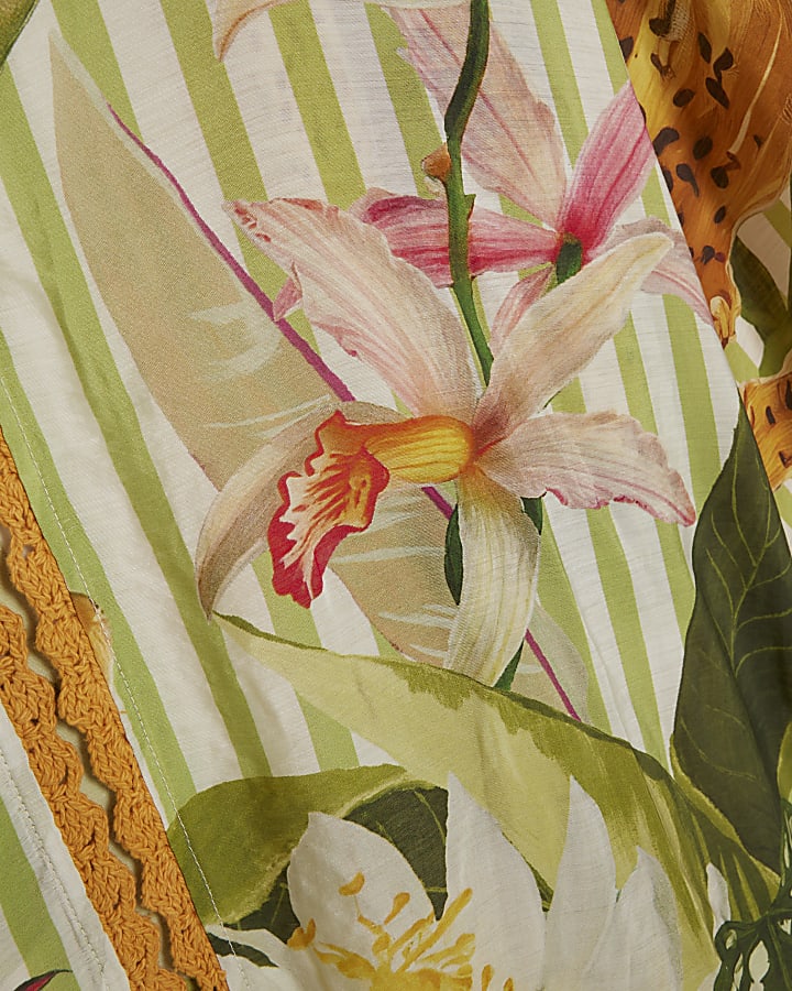 Green Floral Stripe Fringed Kimono