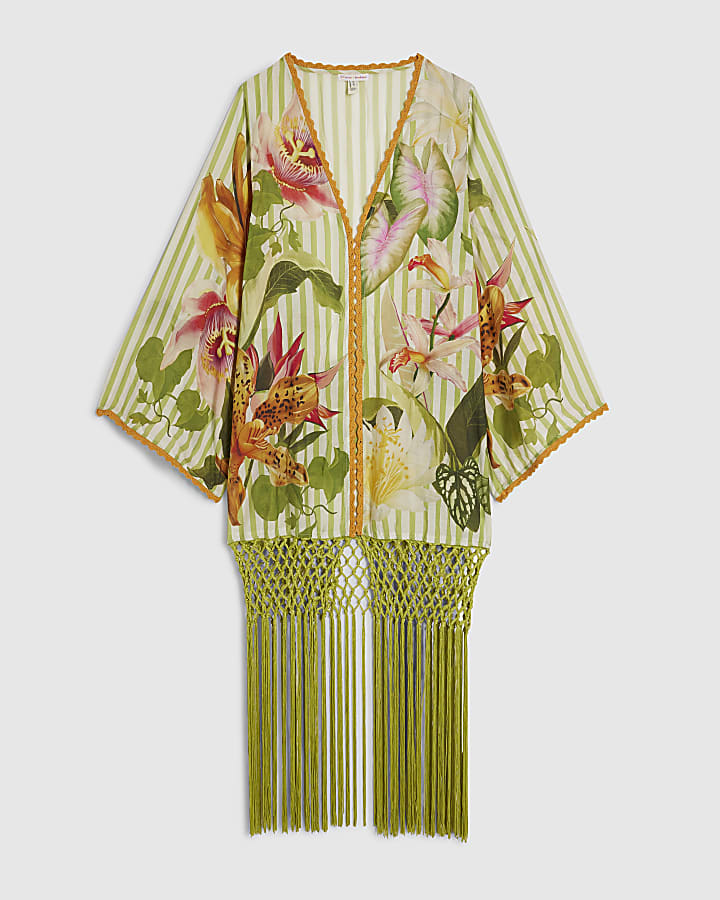 Green Floral Stripe Fringed Kimono