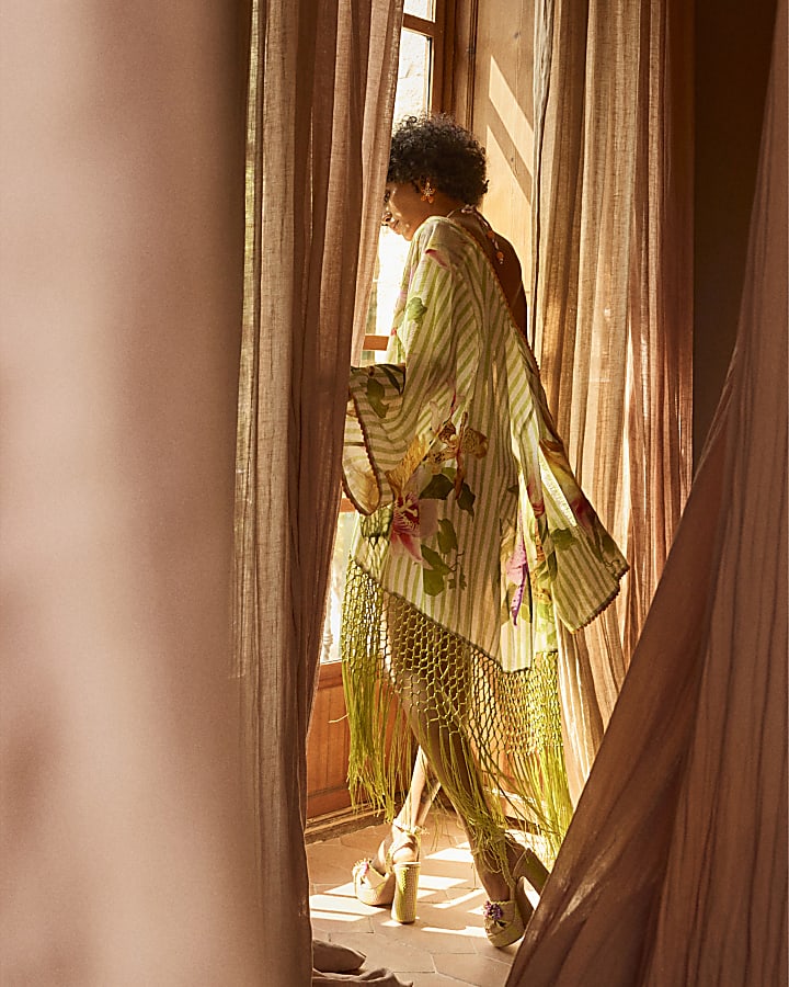Green Floral Stripe Fringed Kimono