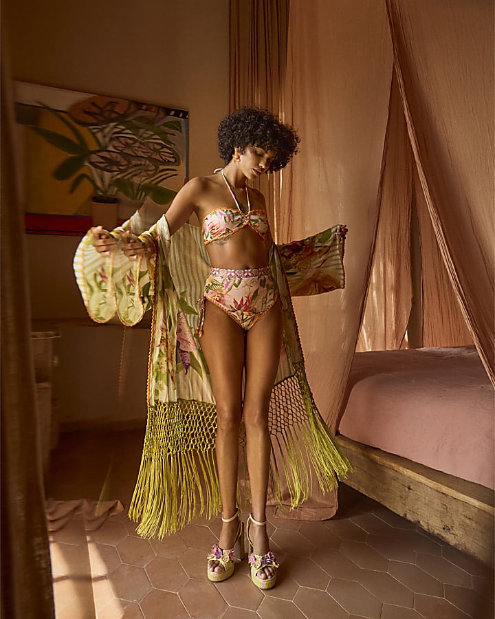 Green Floral Stripe Fringed Kimono