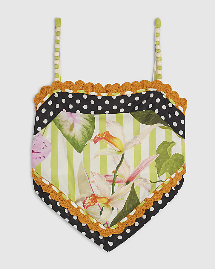 Green Stripe Floral Placed Top