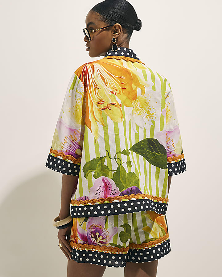 Green Stripe Floral Placed Shirt
