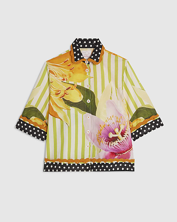 Green Stripe Floral Placed Shirt
