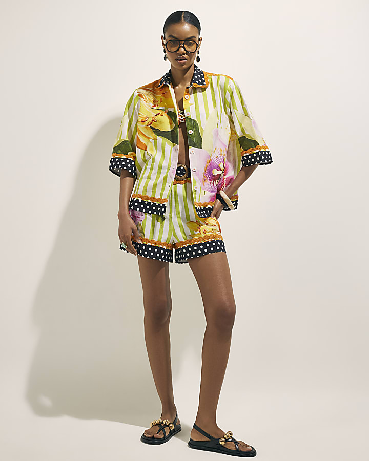 Green Stripe Floral Placed Shirt