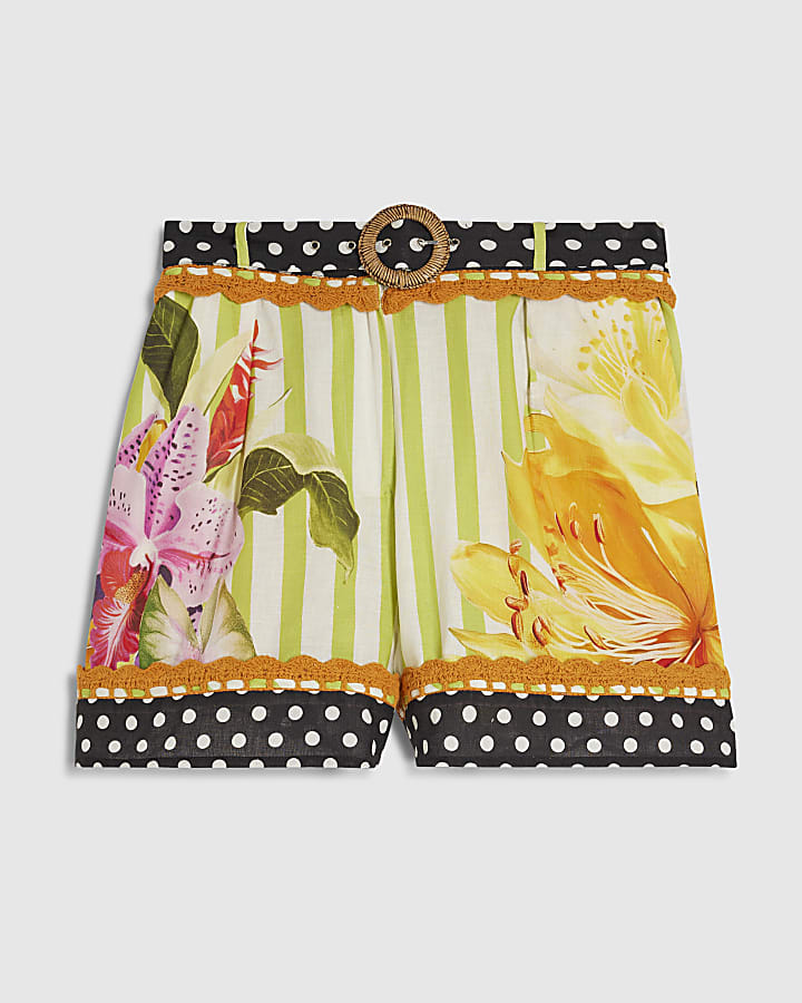 Green Stripe Floral Placed Shorts