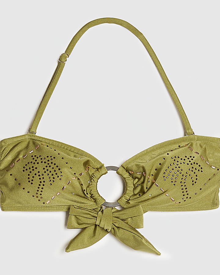 Khaki Diamante Bandeau Bikini