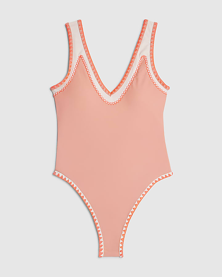 Pink Whipstitch Plunge Swimsuit