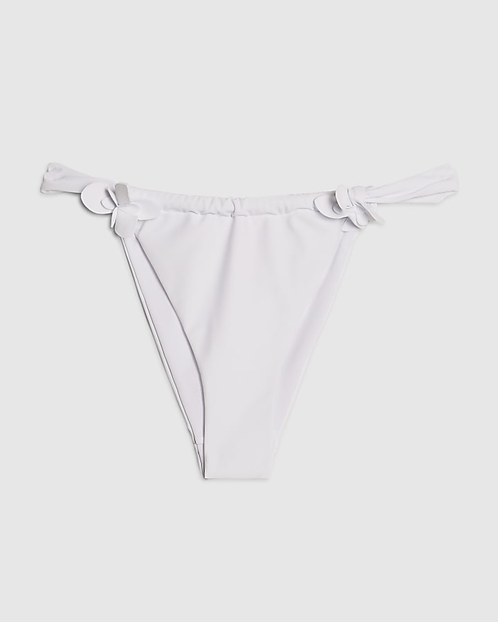 White High Leg Floral Trim Bikini Bottoms