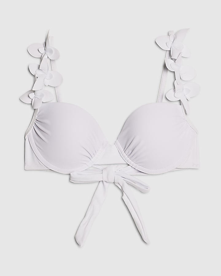 White Structured Flower Trim Bikini Top