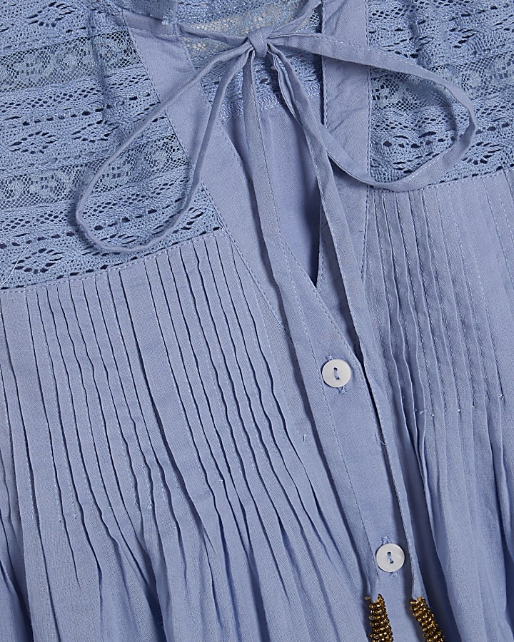 Blue Sleeveless Lace Yoke Front Blouse