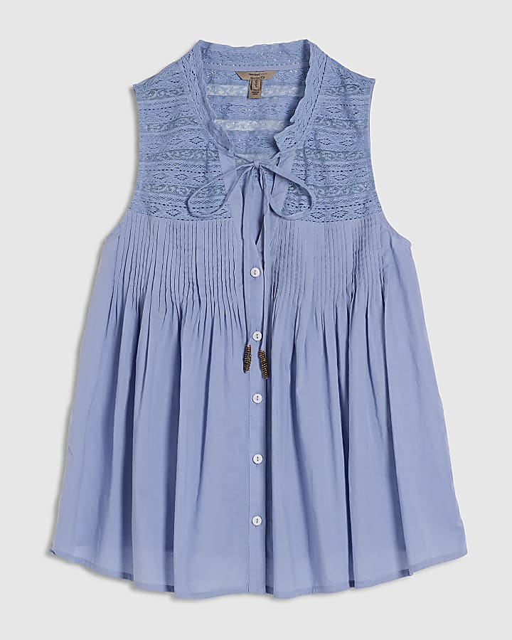 Blue Sleeveless Lace Yoke Front Blouse