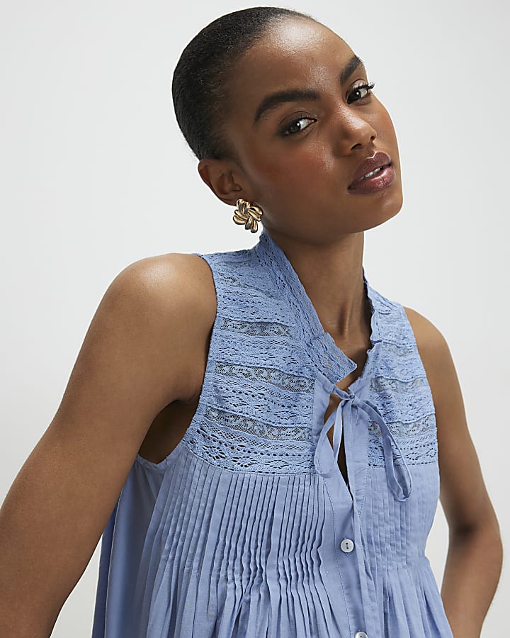 Blue Sleeveless Lace Yoke Front Blouse