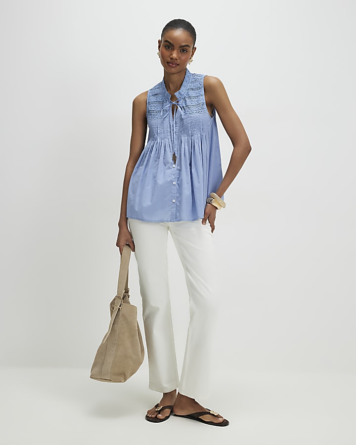 Blue Sleeveless Lace Yoke Front Blouse