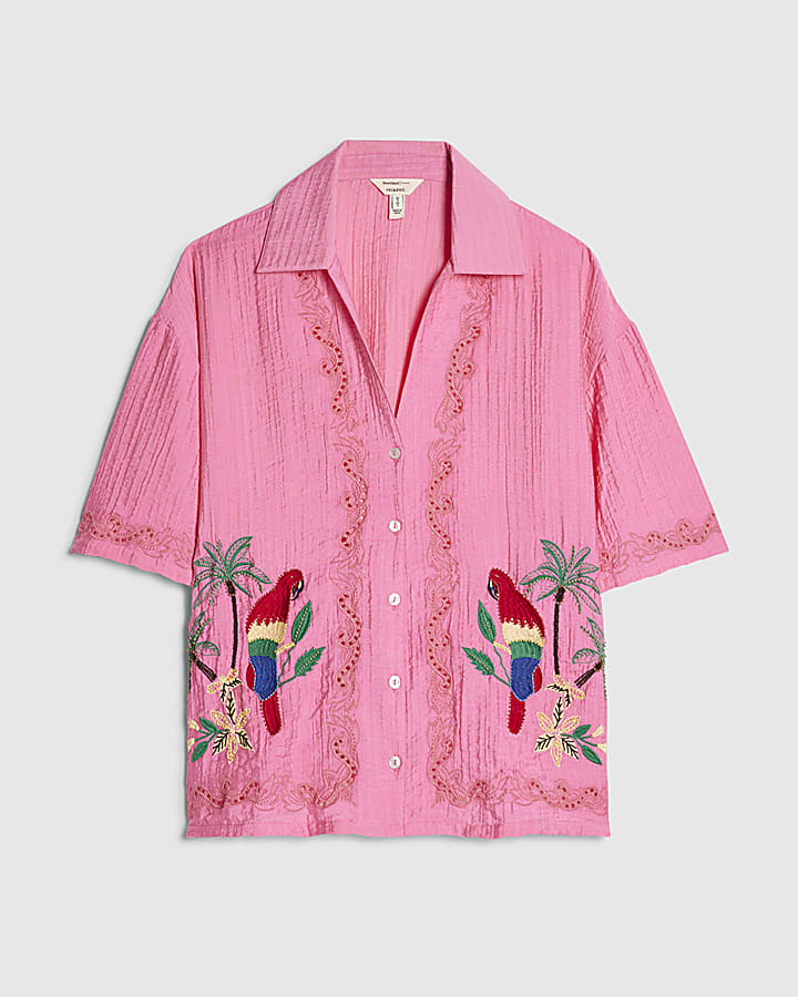 Pink Parrot Embroidered Broderie Top