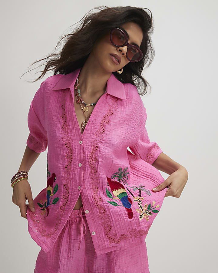 Pink Parrot Embroidered Broderie Top