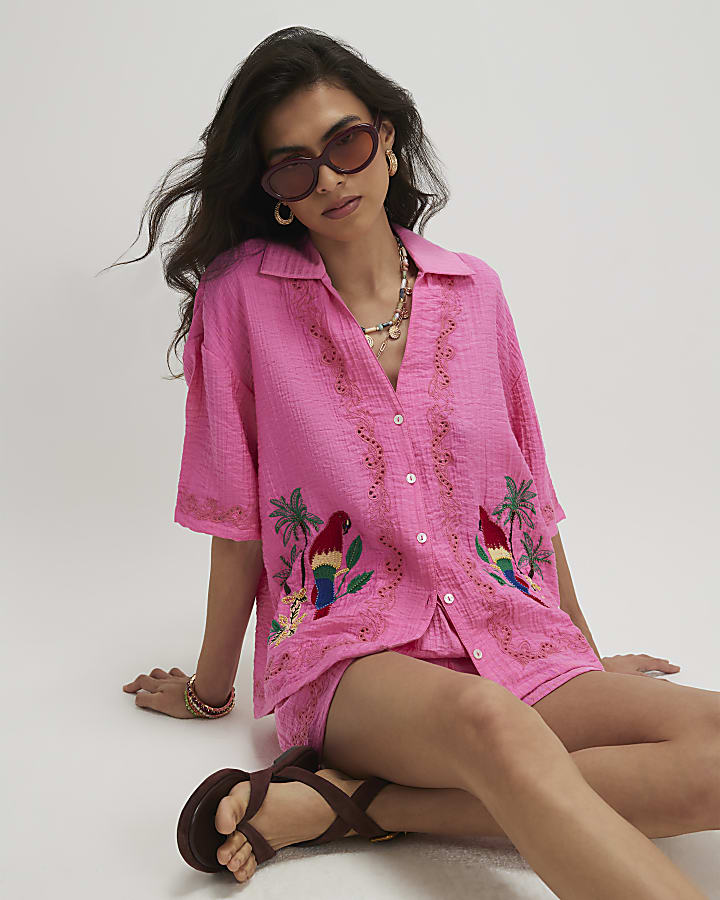 Pink Parrot Embroidered Broderie Top
