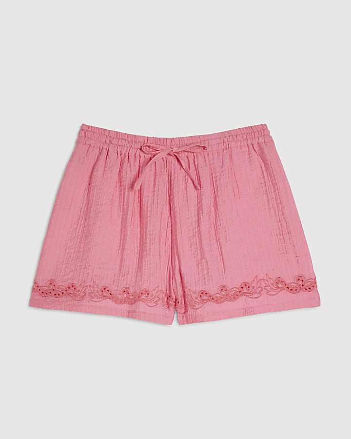 Pink Neon Embroidered Cutwork Shorts