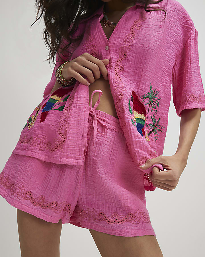 Pink Neon Embroidered Cutwork Shorts