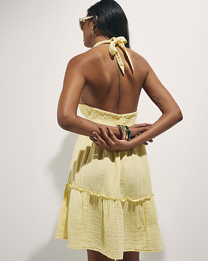 Yellow Halter Neck Palm Print Mini Dress